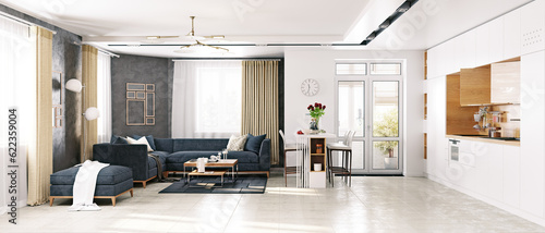 Fototapeta Naklejka Na Ścianę i Meble -  modern apartment living room with the kitchen. 3D rendering