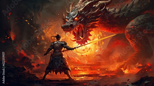 A man holding a sword in front of a dragon, created with Generative Ai Technology