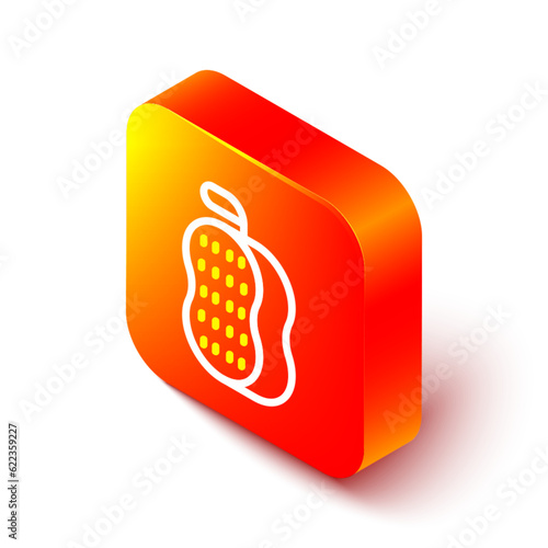 Isometric line Washcloth icon isolated on white background. Bath house sauna washcloth sign. Item for pleasure and relaxing. Orange square button. Vector