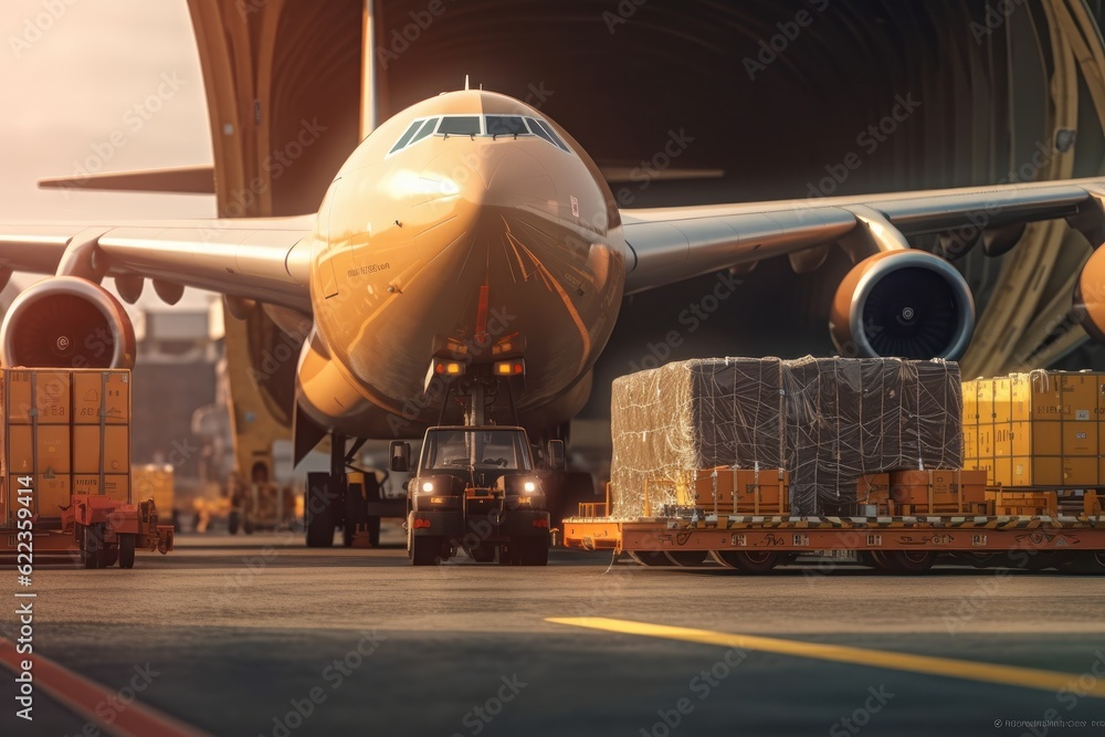 Transport aircraft in the airport cargo terminal. Large bales on trolleys ready for loading from hangar into the plane's open cargo hold. Global freight transportation concept. 3D illustration.