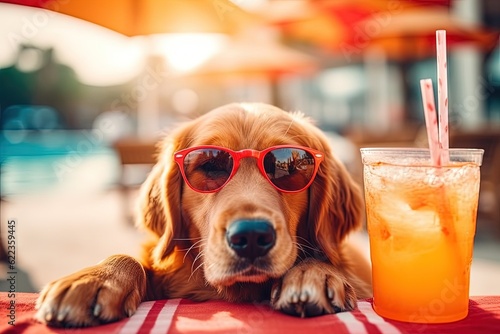 Golden Retriever dog is on summer vacation at seaside resort and relaxing rest on summer beach of Hawaii, near a mocktail, created with Generative Ai Technology