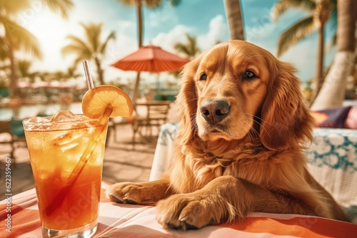 Golden Retriever dog is on summer vacation at seaside resort and relaxing rest on summer beach of Hawaii, near a mocktail, created with Generative Ai Technology