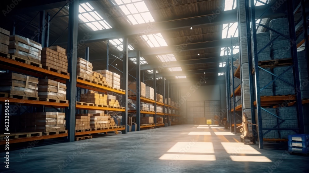 Large industrial warehouse. High racks filled with boxes and containers. Boxes on the pallets, storage equipment. Light fills the room through the windows. Global logistics concept. 3D illustration.