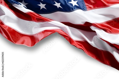 Closeup ruffled American flag isolated. solid white backgroud. AI Generative