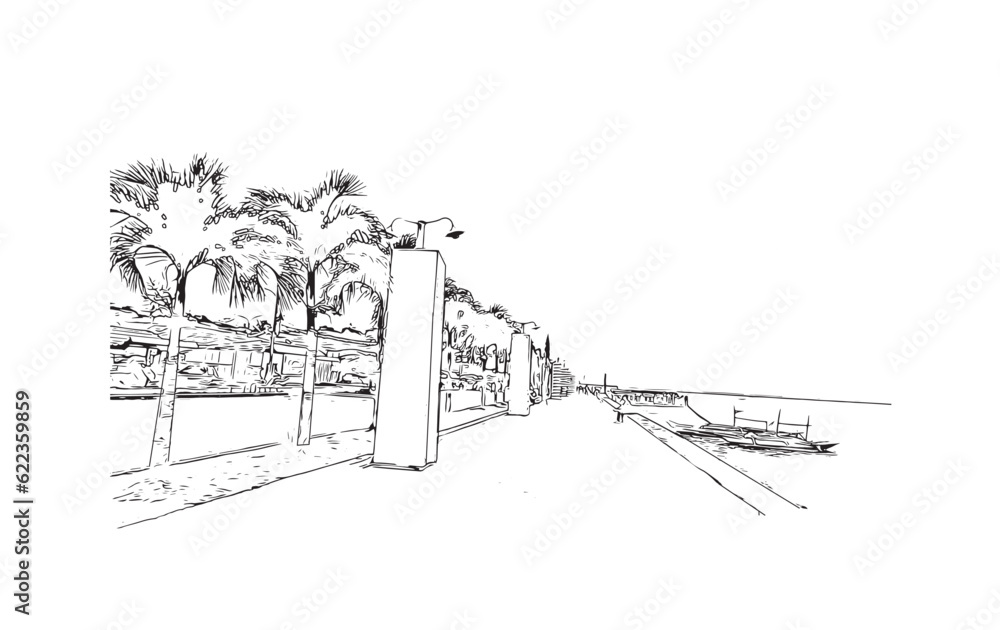 Building view with landmark of Puerto Princesa is the city in the Philippines. Hand drawn sketch illustration in vector.