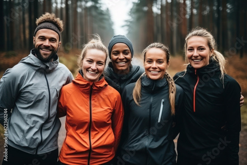 Group of joggers on forest trail outdoors.