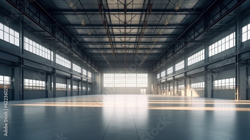 Large industrial warehouse. Huge empty room is prepared for storage and sorting of goods. Daylight fills the room through the large windows. Global logistics concept. 3D illustration.
