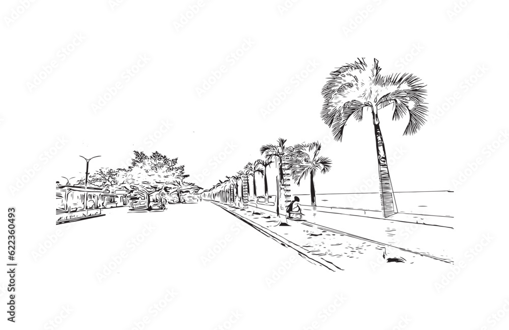 Fototapeta premium Building view with landmark of Puerto Princesa is the city in the Philippines. Hand drawn sketch illustration in vector.