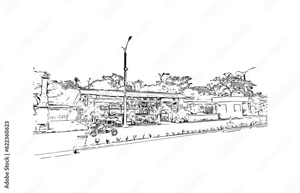 Building view with landmark of Puerto Princesa is the city in the Philippines. Hand drawn sketch illustration in vector.