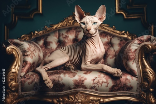 Sphynx cat relax on the sofa of a luxury house, created with Generative Ai Technology