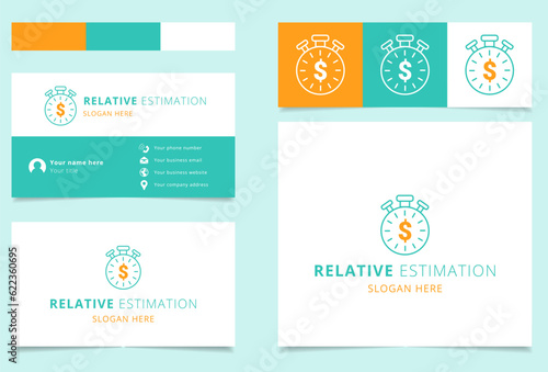 Relative estimation logo design with editable slogan. Branding book and business card template.