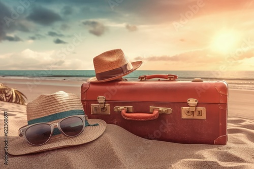 A hat, sunglasses and a suitcase on a beach, created with Generative Ai Technology