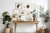 Beautiful plants in various pots are shown in a stylish Scandinavian environment together with a design cabinet, a mock up photo frame, and attractive accessories. modern interior design. a minimalist