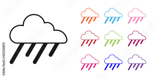 Black Cloud with rain icon isolated on white background. Rain cloud precipitation with rain drops. Set icons colorful. Vector