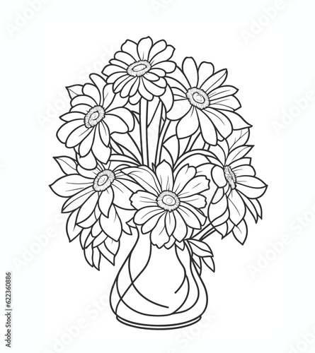 Coloring page with bouquet of flowers in a vase. Vector illustration. for kids and adults.