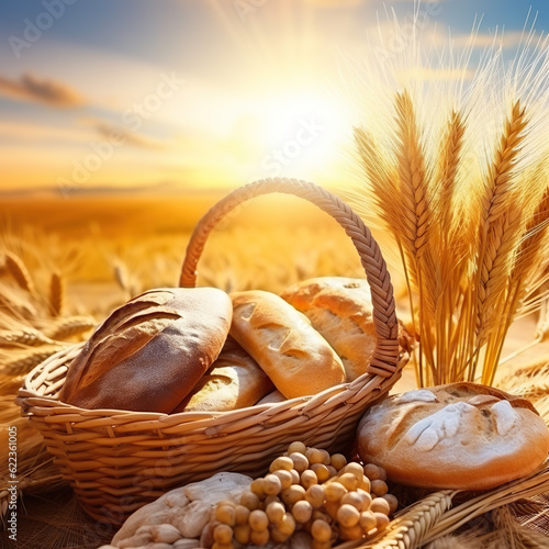 Jesus to Thanksgiving, Bread basket with wheat harvest, Ai generated
