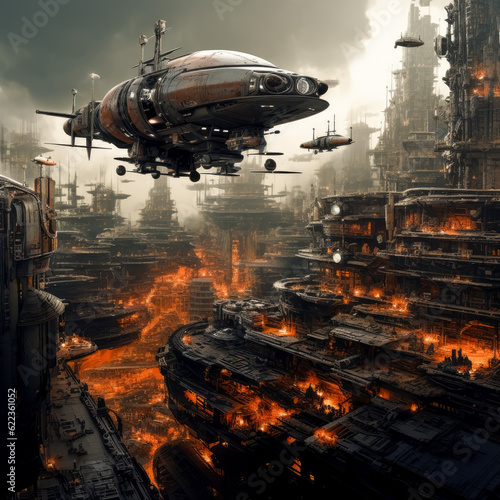 A futuristic space station with ships in the background  in the style of gothic steampunk.