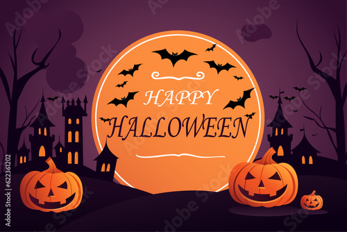 Halloween pumpkins, bats and a dark castle on the background of the moon. Vector illustration. Happy Halloween flyer, poster.