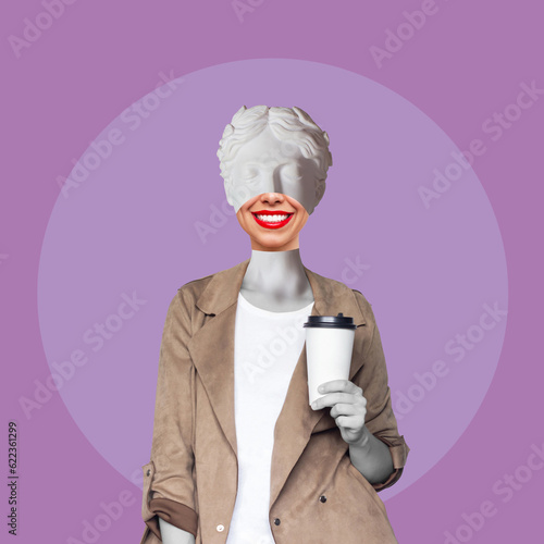 Young business smiling woman headed by antique statue holds a white paper cup pf tea or coffee isolated on color purple background. 3d trendy collage in magazine style. Contemporary art. Modern design