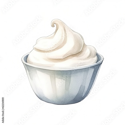 Fresh Organic Sour Cream Dairy product Background, Square Watercolor Illustration. Lactose And Protein Rich Food. Ai Generated Soft Colored Watercolor Illustration with Tasty Sour Cream Dairy product.