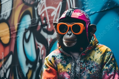 monkey wearing cool clothes and accessories. Crazy monkey, dj monkey, rapper monkey, gangster monkey. Image generated with artificial intelligence