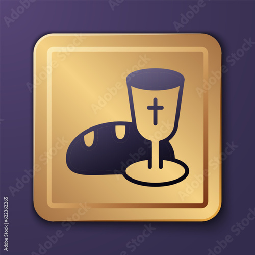 Purple Goblet and bread icon isolated on purple background. Bread and wine cup. Holy communion sign. Gold square button. Vector