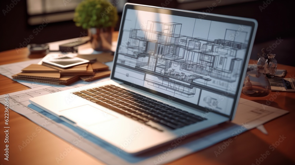 Workplace of an architect, interior designer, engineer. Laptop with a project on the monitor, blueprints, drawing tools and home decor on the table. Remote work concept. Mockup, 3D illustration. Workplace of an architect, interior designer, engineer. Laptop with a project on the monitor, blueprints, drawing tools and home decor on the table. Remote work concept. Mockup, 3D illustration.