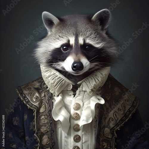 Canvas Print Realistic lifelike racoon in renaissance regal medieval noble royal outfits, commercial, editorial advertisement, surreal surrealism