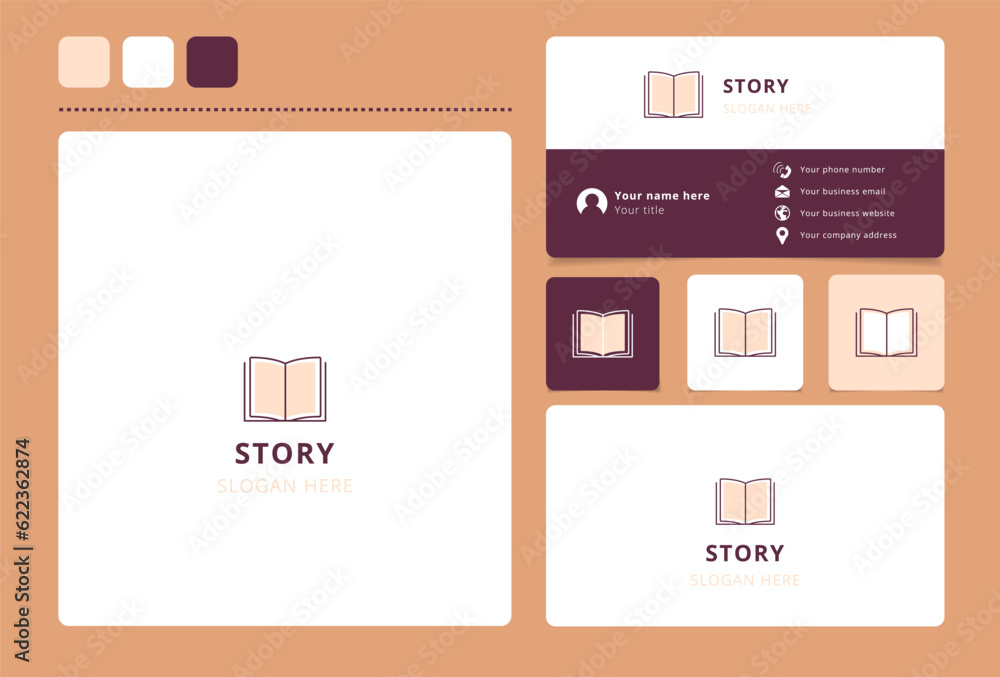 Story logo design with editable slogan. Branding book and business card template. Story logo design with editable slogan. Branding book and business card template.
