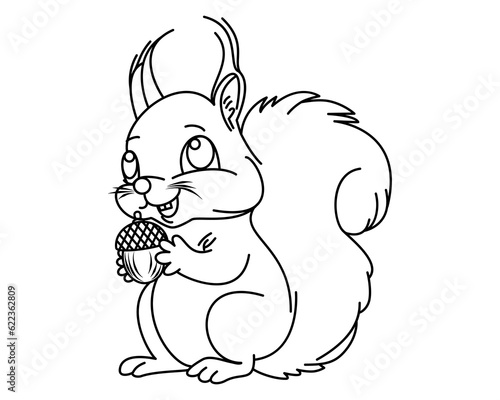 Funny squirrel with acorn. Comic cartoon illustration. Vector. White background. Coloring book for children. Contour drawing used for print and web design.