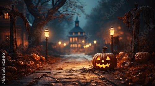 
Scary Halloween background with pumpkins and old castle. Generative AI.
