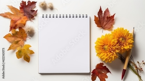 
Top view of blank notebook with autumn leaves and flowers on white background. Generative AI.
