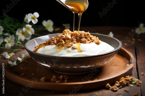 Foto Granola in a plate with yogurt and honey .