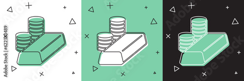 Set Gold coin with gold bars icon isolated on white and green, black background. Banking currency sign. Cash symbol. Vector
