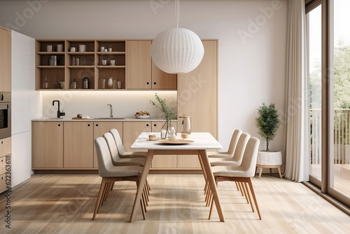 The interior of a modern dining room and kitchen in Scandinavian style