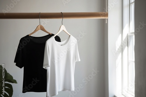 Black and white T-shirt hanging on a hanger