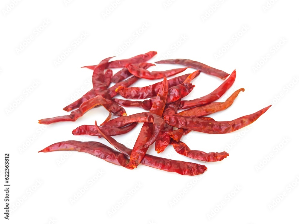 Dried red chilies that have been dried in the sun It has a very spicy taste. isolated on a white background. Dried red chilies that have been dried in the sun It has a very spicy taste. isolated on a white background.