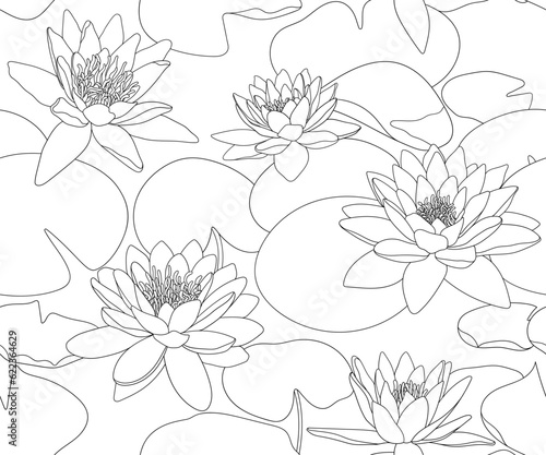 Water lilies seamless pattern. Ornament for coloring. Black and white print in doodle style. Vector illustration.