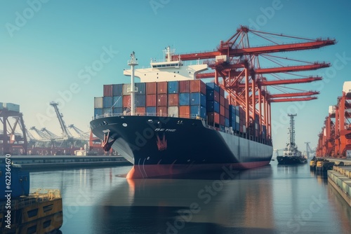 Container ship enters the water area of a giant seaport cargo terminal. Port cranes on the berths are ready to unload the ship. Global freight transportation and logistics concept. 3D illustration.