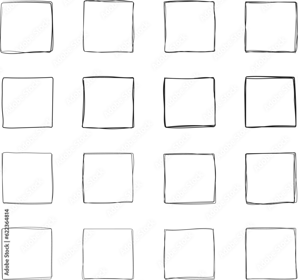 Squares vector set in sketch style. Frames line in hand drawn style. ontinuous line square shape for web, social networks.
