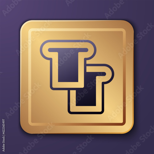 Purple Bread toast for sandwich piece of roasted crouton icon isolated on purple background. Lunch, dinner, breakfast snack. Gold square button. Vector