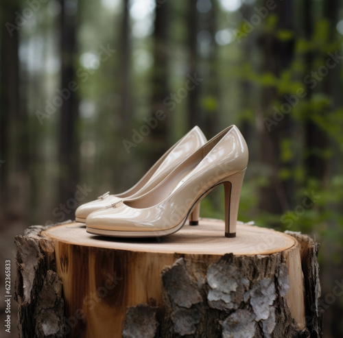 Wedding shoes standing on the stamp in the wood