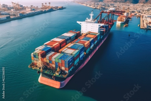 Aerial view of fully loaded container ship against the background of a cargo terminal in a seaport, port cranes, stacks of containers, railroads. Global freight logistics concept. 3D illustration.