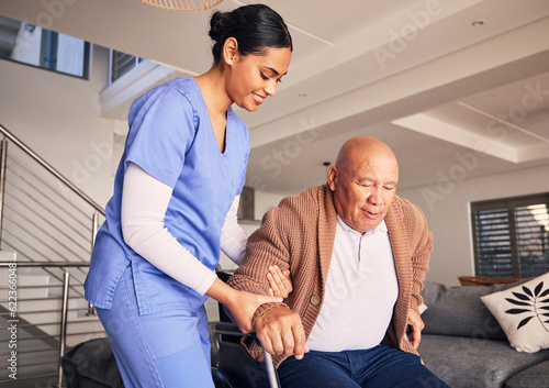 Happy woman, man in wheelchair and support in nursing home for medical service, physical therapy and retirement. Caregiver, nurse and helping patient with disability, homecare and health assistance