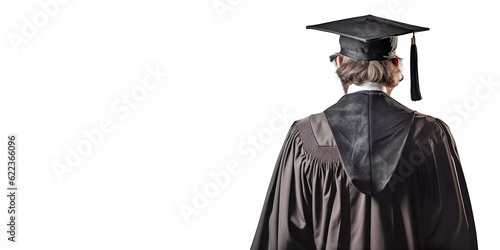 Young male wearing a square academic cap and study gown, viewed from the back and on an isolated background. Generative AI