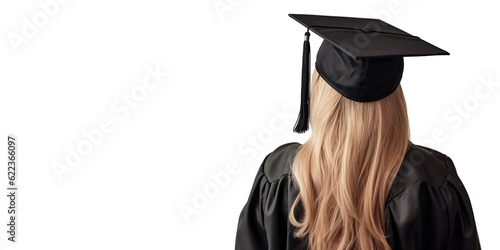 A female student in a study gown and a square academic cap, viewed from the back in close-up and on an isolated background. Generative AI