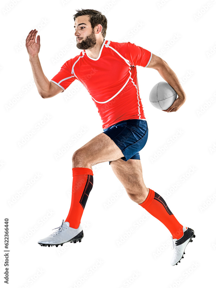 one caucasian rugby player man studio isolated on white background