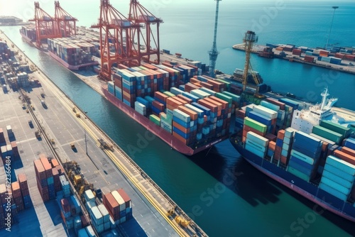 Aerial view of fully loaded container ship against the background of a cargo terminal in a seaport, port cranes, stacks of containers, railroads. Global freight logistics concept. 3D illustration.