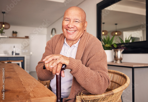 Konstfotografi Portrait, walking stick and a senior man with a disability sitting in the living room of his home during retirement