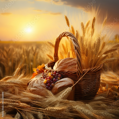 Print op canvas Thanksgiving, Bread basket with wheat harvest, Laughing people with grapes, bre